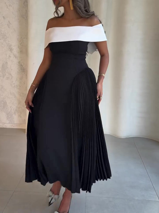 Off-shoulder Contrast Pleated Dress
