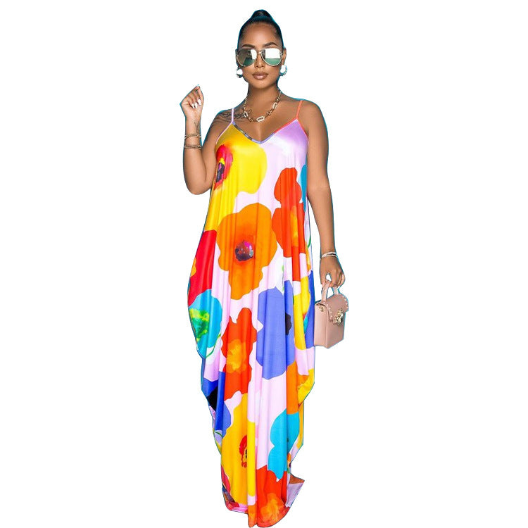Tie-dye Printing V-neck Brace Mopping Dress