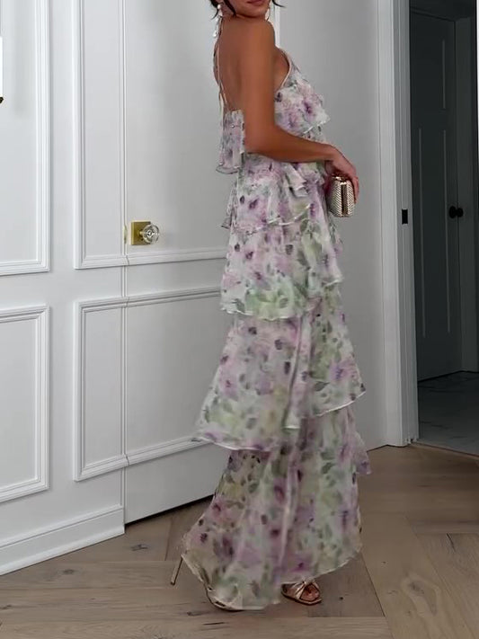 Floral Halterneck Sleeveless Ruffle Dress