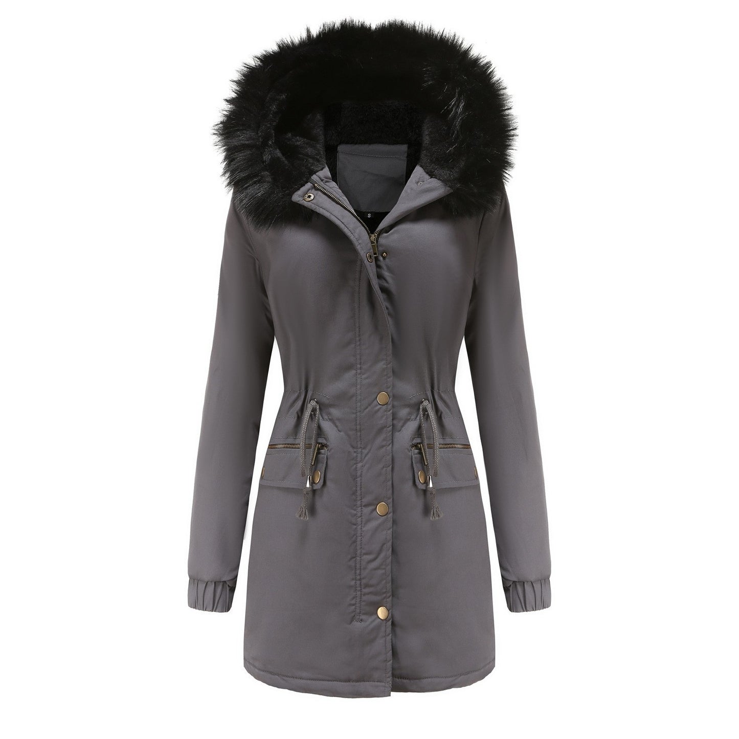 Women's Plush Hooded Parkas Winter Warm Thick Zip-up Jackets Casual Mid-length Solid Buckle Pockets Coat Outerwear Clothing