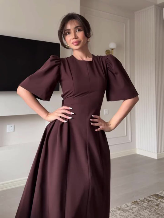 Brown Puff Sleeve Strappy Swing Dress