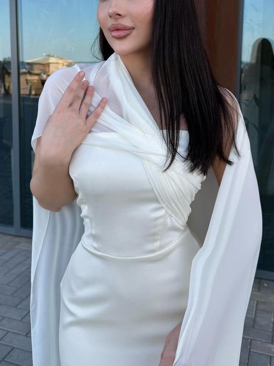 White Satin One - Shoulder Maxi Dress With Flowing Chiffon Cape