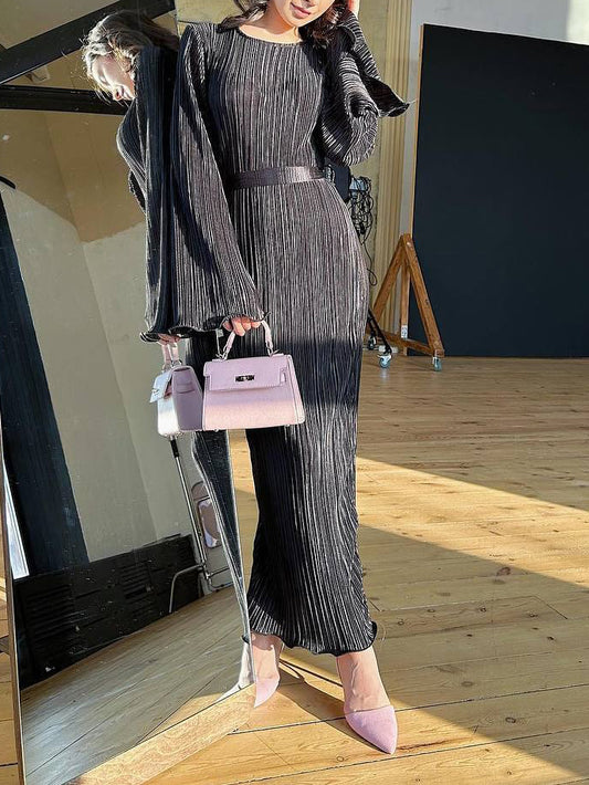 Black Pleated Belted Long Sleeve Dress