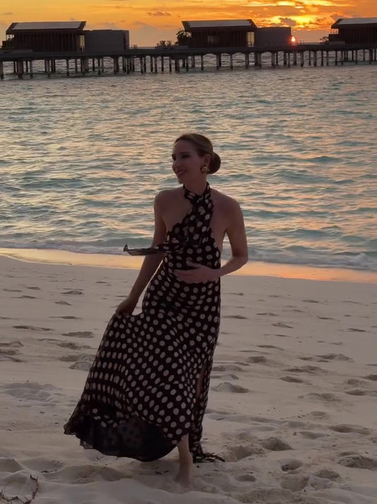Polka Dot Backless Slit Maxi Dress