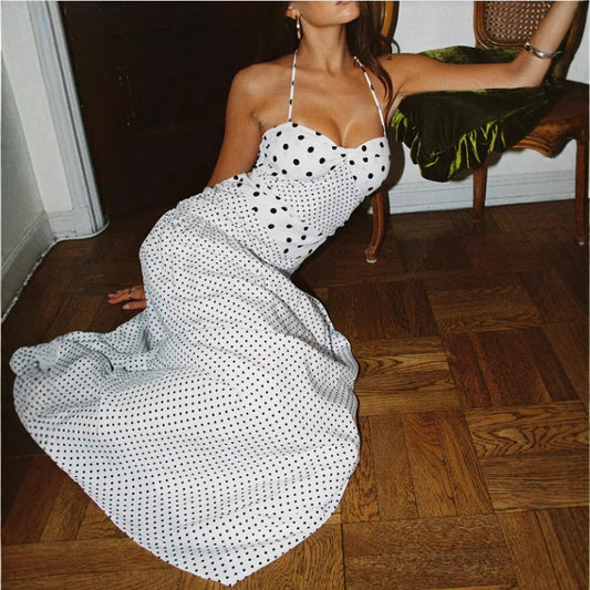 Women's Lace Square Collar Polka Dot Brace Dress