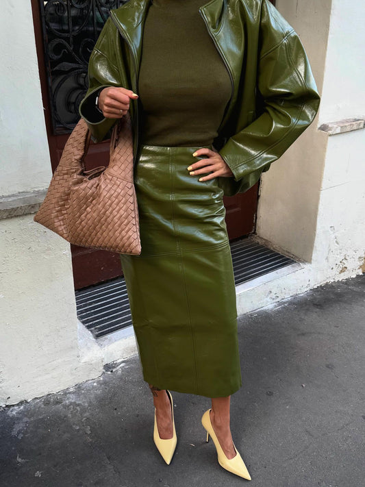 Olive Green Faux Leather Jacket And Midi Skirt Set