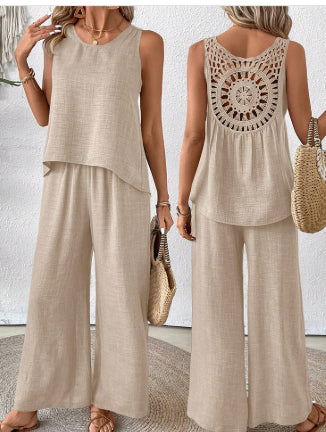 Women's Sleeveless Solid Color Back Hollow Lace Suit