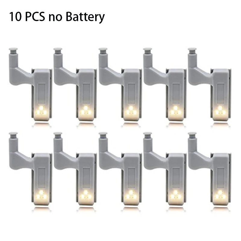 10 مصابيح LED تعمل بالبطارية، مزودة بمستشعر حركة، مناسبة للإضاءة الداخلية، تُركّب على مفصلات أبواب الخزائن والدواليب.