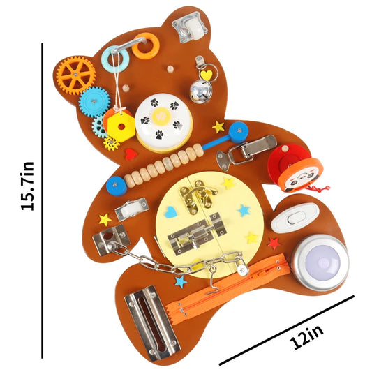 Factory Direct Sale Montessori Sensory Wooden Brown Bear Busy Activity Board Children Educational Learning Toys for Baby Kids