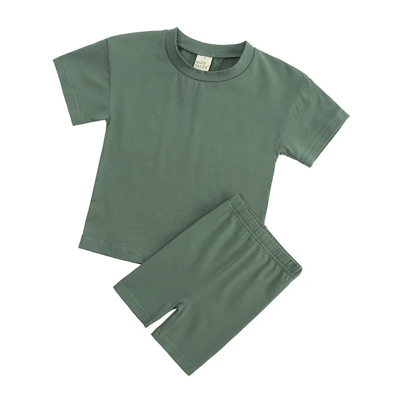 Kids Baby Two Pieces Clothing Sets Cotton T-shirt Shorts Sets Custom logo Baby Kids Summer Wear Shorts Two Pcs Sets