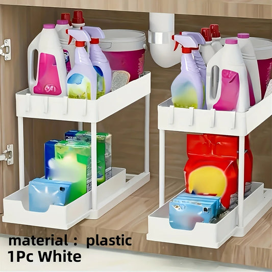 Under Sink Organizer, 2 Tier Sliding Cabinet Storage Basket with Hooks, Purpose Bathroom & Kitchen Organizer Shelf for Bathroom