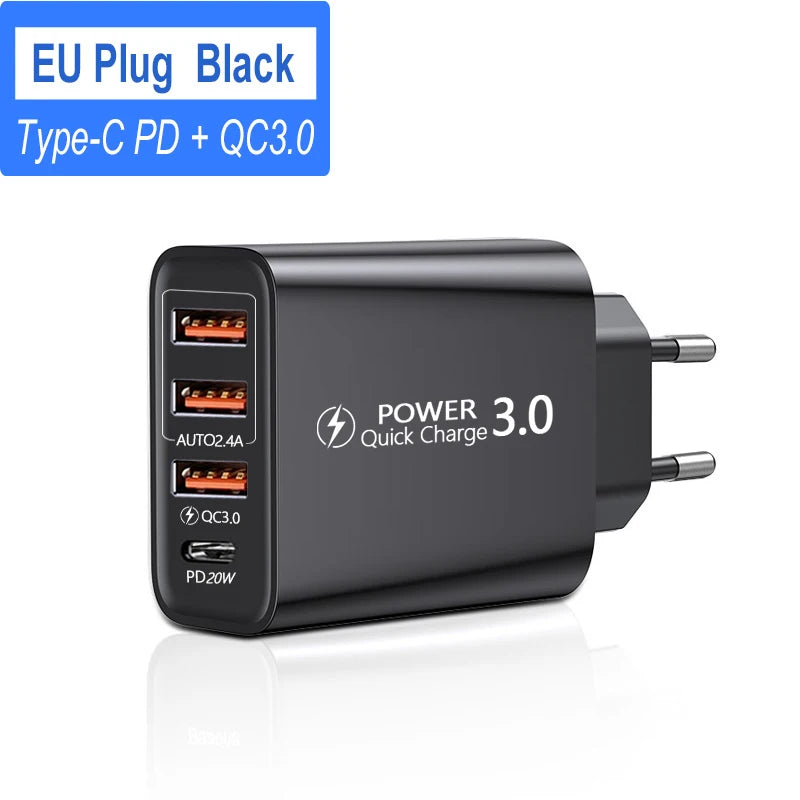 شاحن USB-C متعدد المنافذ بقدرة 60 واط، مزود بـ 4 منافذ، منها 3 منافذ USB PD، يدعم الشحن السريع، وشاحن جداري عالمي للسفر.