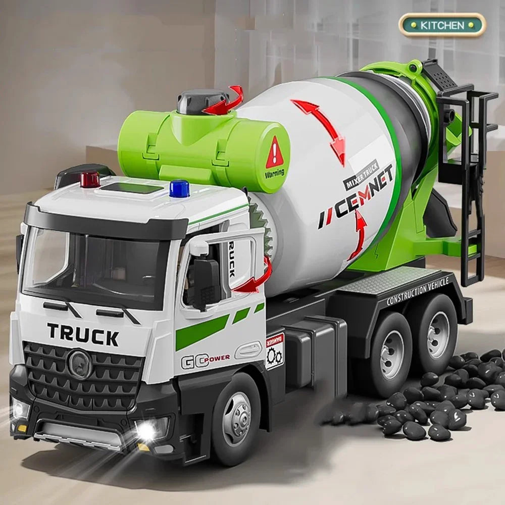 1/24 Electric Mixer Truck Toys Model Car Alloy Diecast Engineering Vehicles Doors Opened Sound Light Pull Back Toy Gift for Kids