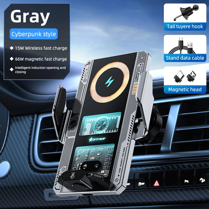 Car Phone Mount With Wireless Charger 66W Magnetic Charging Holder Car Automatic Clamping Stand With Decorative Mood Lighting