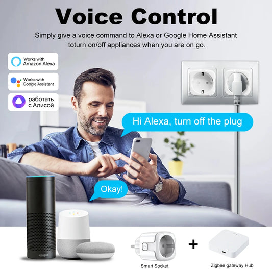Zigbee3.0 Smart Socket European Plug 20A with Power Metering Alexa Voice Mobile APP Remote Control Home Assistant Zigbee2MQTT