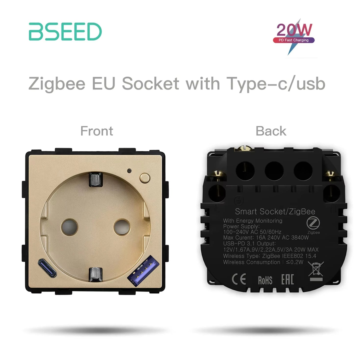 Умная розетка BSEED Zigbee с монитором мощности и разъемом USB Type-C, детали для самостоятельной сборки, быстрая зарядка 20 Вт, управление через приложение Tuya Smart Life и Alexa.