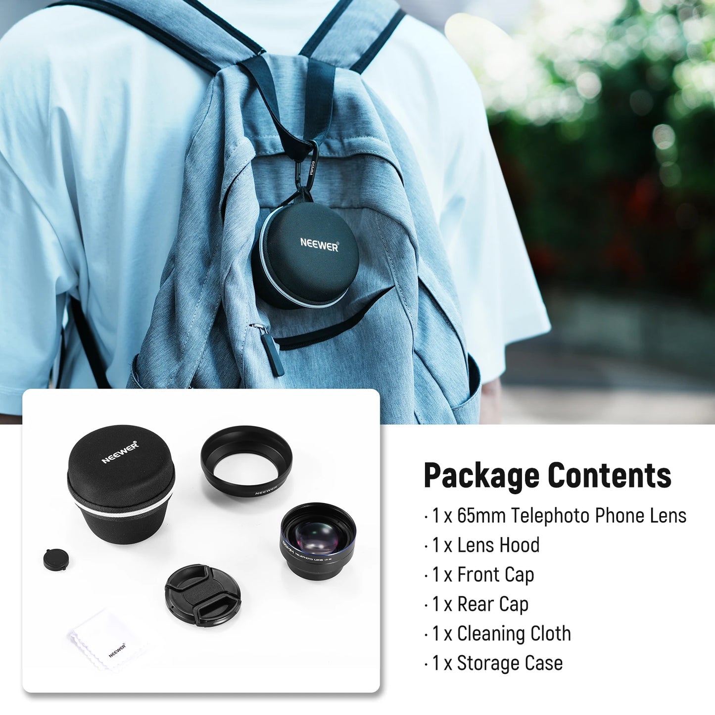 NEEWER HD 65mm Telephoto Phone Camera Lens with Lens Hood for Phone Cage Case, 1.7X Zoom Lens For iPhone 16 15 S25 S24 Ultra