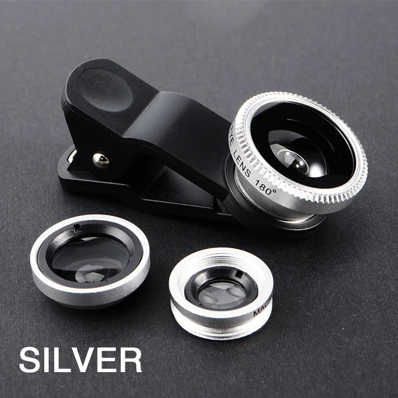 3 in 1 Fisheye Wide Angle Micro Camera Lens for iPhone 0.67X Wide Angle Zoom Fish Eye Len on Smartphone Lenses with Phone Clip