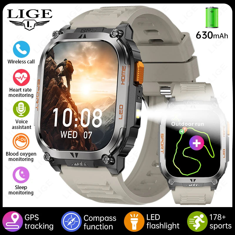 ساعة LIGE الذكية الجديدة المزودة بنظام تحديد المواقع العالمي (GPS) ومصباح LED وشاشة عالية الدقة 1.96 بوصة وبوصلة وخاصية الاتصال عبر البلوتوث، ساعة رياضية مقاومة للماء متوافقة مع نظامي Android وiOS