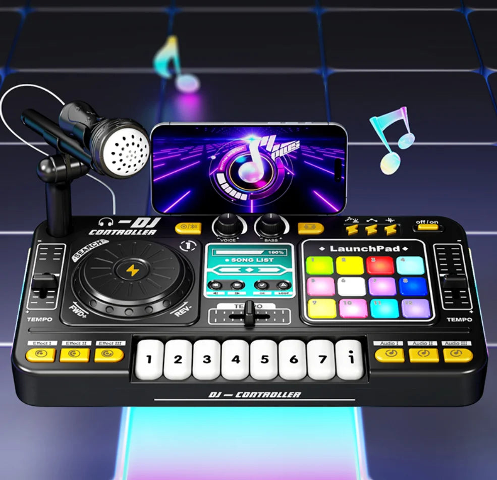 Kid Electricity DJ Mixer with Microphone Electronic Piano Keyboard DJ Turntable Controller Turntable Instrument Kid Birthday Gif