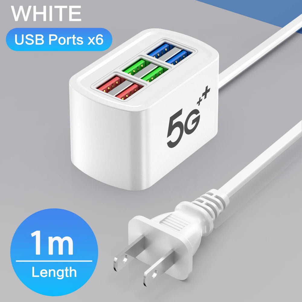 Universal 6 Port USB Charger Power Strip Mobile Phone Charger Wall Adapter Multifunction Electric Socket with 1m Extension Cable