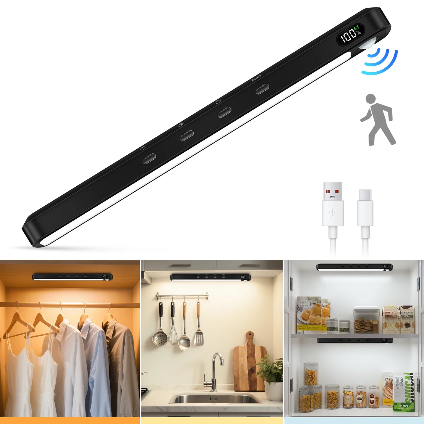 WILLED Rechargeable Motion Sensor Cabinet Light Indoor 3 Colors Dimmable Magnetic Light Bar Night Light for Cabinet Closet Desk