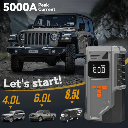 JKUOO Car Jump Starter And Air Inflator 10.2 Bar Fast Fill -40°C Low-Temp Work 12V Lead-Acid Battery with Tire Monitoring