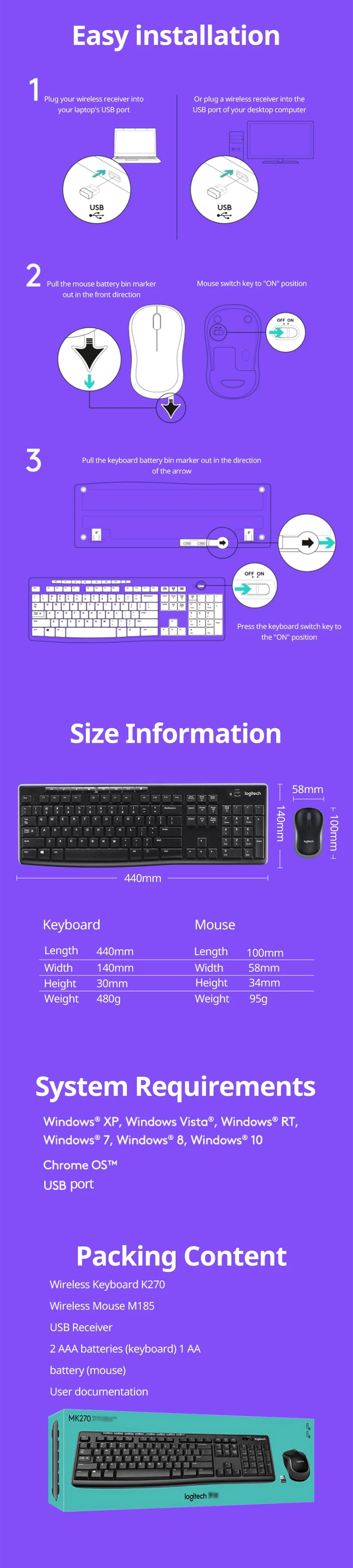 Logitech MK270 Wireless Keyboard and Mouse Suit Laptop Wireless Office Keyboard Full Size with 2.4G Receiver