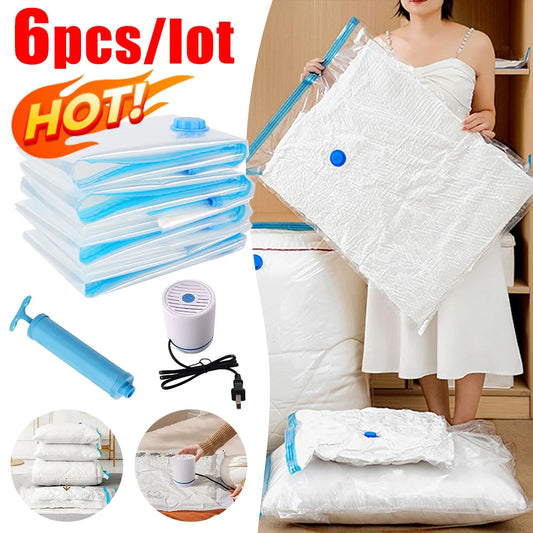 6PCS Hanging Vacuum Storage Bags Space-saving Compression Storage Bag with electric Pump for Blankets Clothes Quilt Vacuum Pack