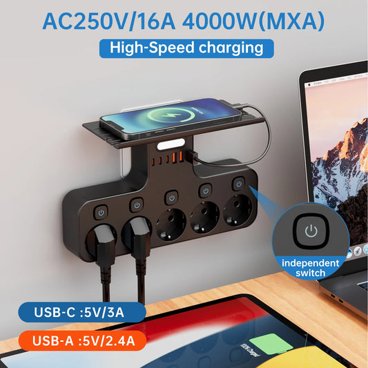 4000W European Standard Outlet Wall Mounted Smart Night Light Independent Switch Eu Plug Power Strip with USB C Ports Charging