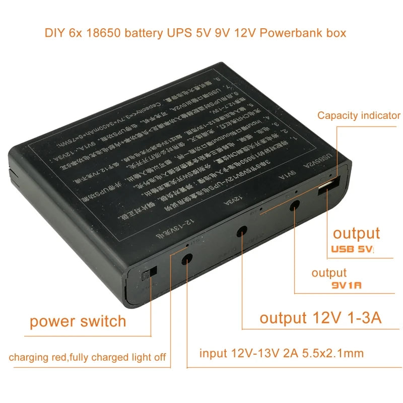 USB 5V 9V 12V Output DIY 18650 Battery UPS Power Supply Box for DVR Wireless Router Modem Mobile Phone LED and Drop Shipping