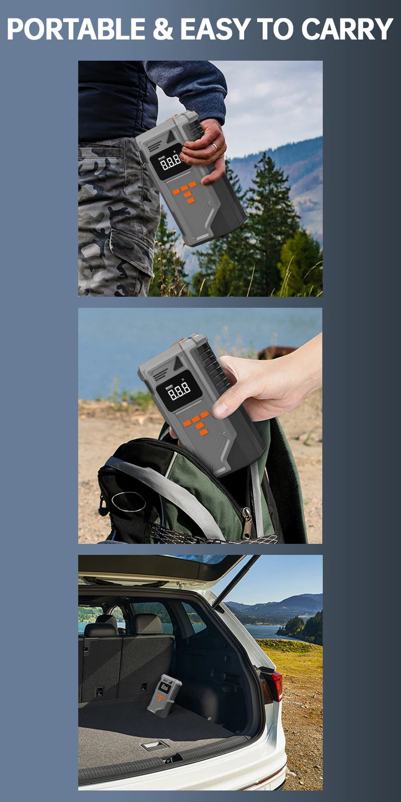 JKUOO Car Jump Starter And Air Inflator 10.2 Bar Fast Fill -40°C Low-Temp Work 12V Lead-Acid Battery with Tire Monitoring