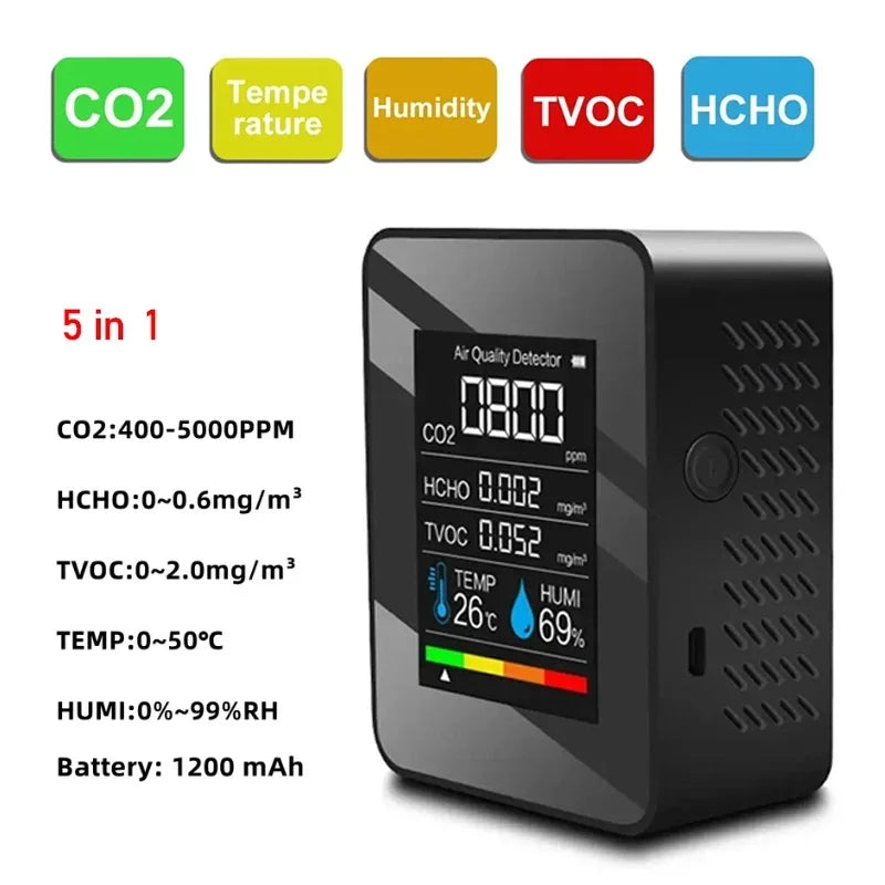 Air quality monitor multifunctional 5in1 CO2 meter digital home temperature humidity tester carbon dioxide HCHO TVOC detector
