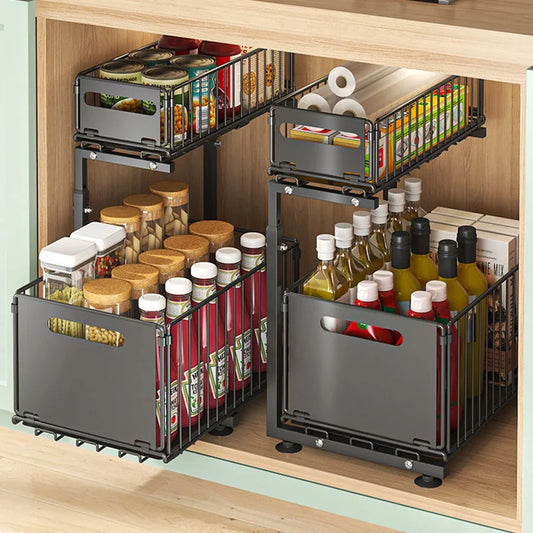 Pull-Out Under Sink Organizer, 2-Tier Adjustable Height Sliding Shelf for Kitchen/Bathroom Cabinet Storage, Black & White