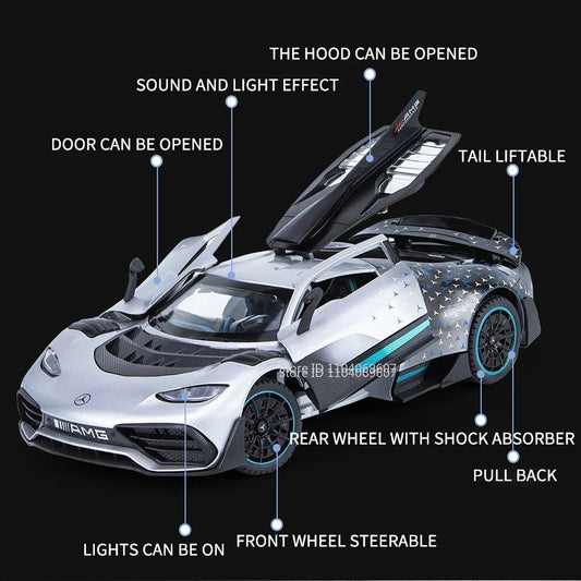Scale 1:24 ONE Sports Car Model Toy Modified Metal Diecast Free Wheeling Vehicles Simulation Sound & Light Gift for Children