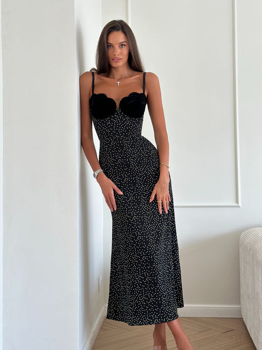 Velvet Patchwork Polka-dot Suspender Dress