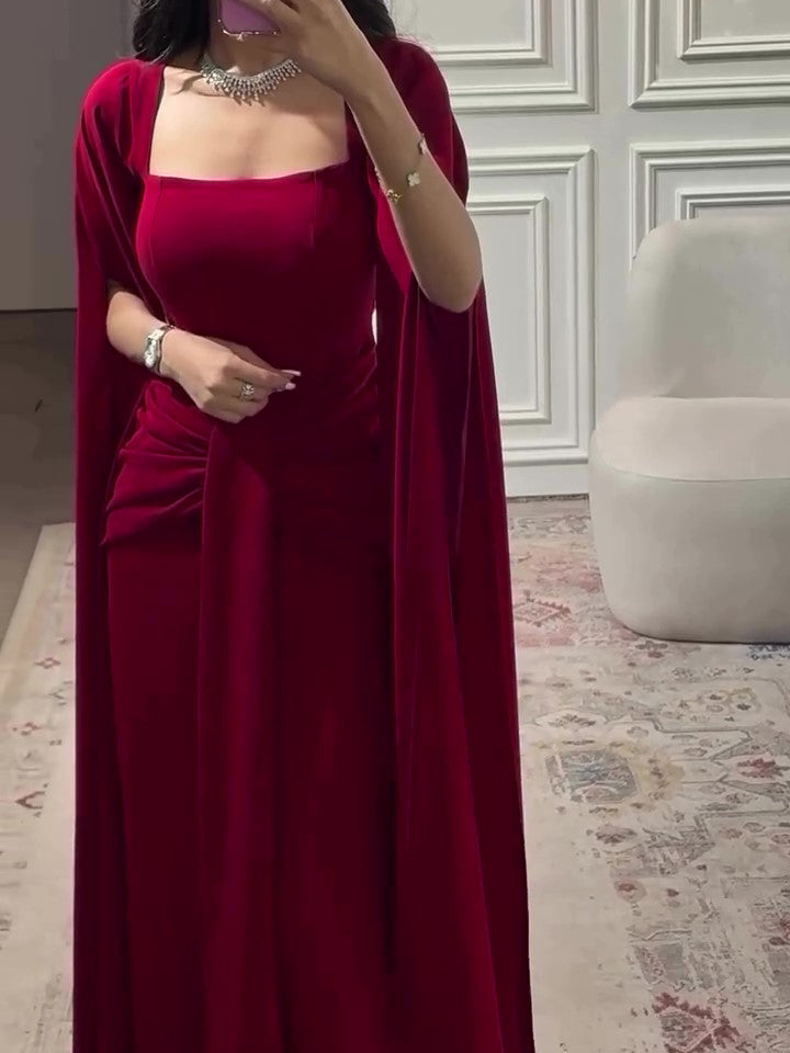 Elegant Burgundy Square - Neck Cape Maxi Dress