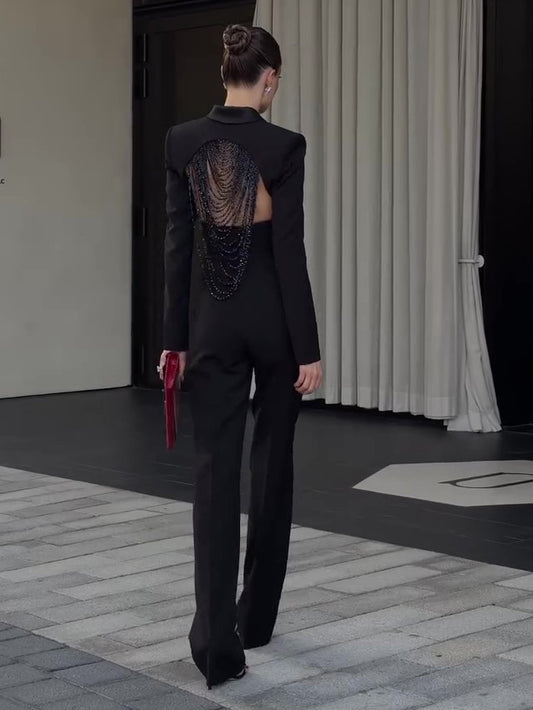 Black Backless Beaded Cropped Blazer & High Waist Pants Set