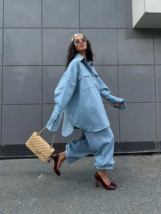 Light Blue Denim Oversized Shirt And Baggy Pants Set