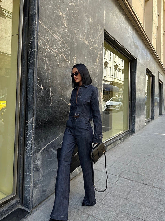 Short Denim Jacket & High-waisted Pants Suit