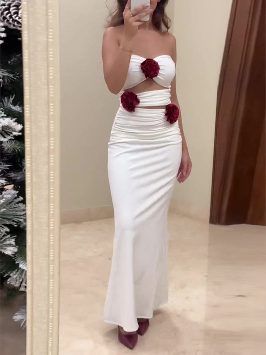 White Contrasting Three-dimensional Flower Tube Top Cutout Dress