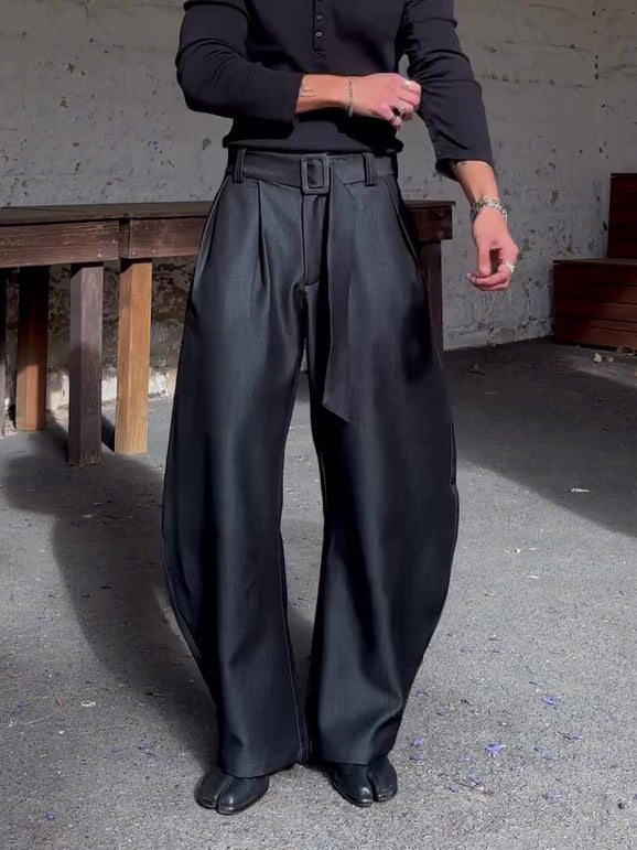 Chic Black Oversized Wide-Leg Pants With High-Waisted Belt