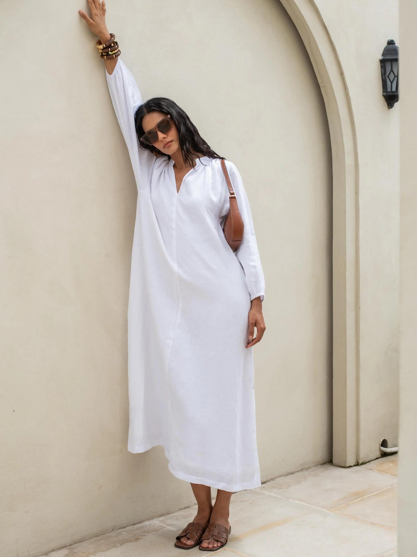 Solid Color V-neck Long Sleeve Dress