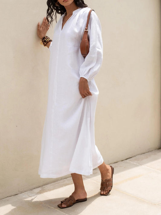 Solid Color V-neck Long Sleeve Dress