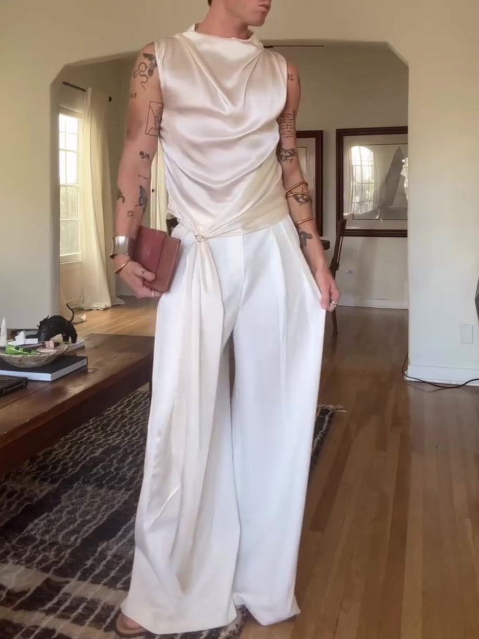 Beige Satin Draped Collar Sleeveless Top