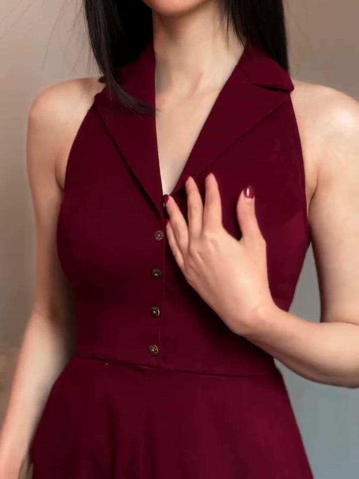 Burgundy Backless Lace-up Sleeveless Jumpsuit