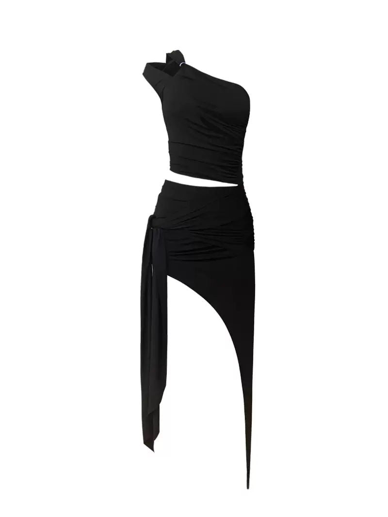 Oblique Shoulder Hollow Irregular Pleated Top Diagonal Strap Skirt Suit