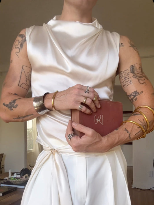 Beige Satin Draped Collar Sleeveless Top