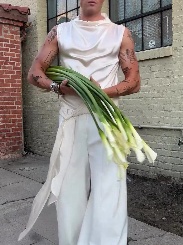 Beige Satin Draped Collar Sleeveless Top