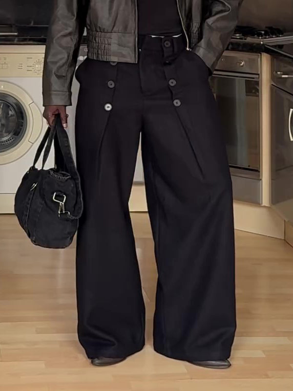 Black High-waisted Double-button Wide-Leg Pants
